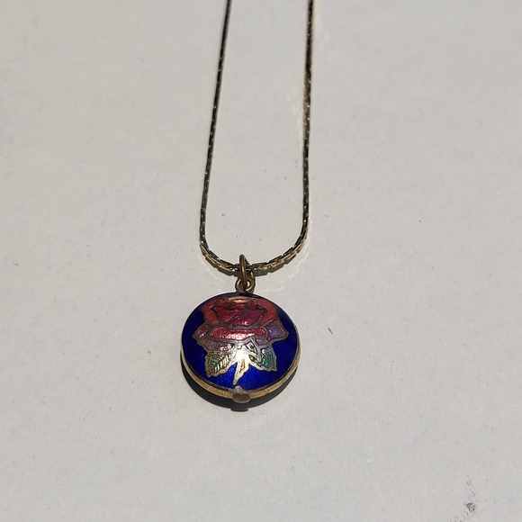 Jewelry - Vintage Cloissonne  Enamel Rose Pendant Blue Gold Tone Floral Necklace 2 Side